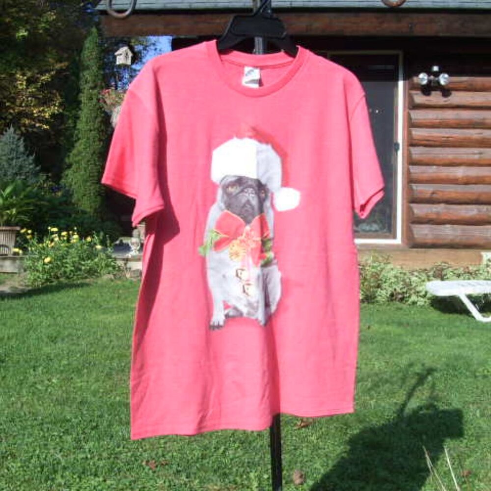 Pink Christmas Holiday Santa Pug Dog T-Shirt Top Size M